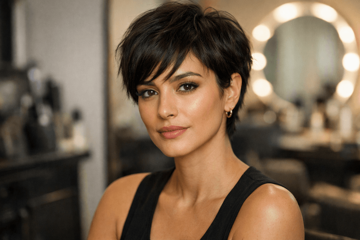 Penteado texturizado em cabelo curtíssimo de mulher com rosto oval