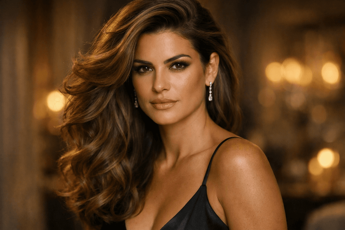 Penteado side-swept com volume em mulher com cabelo longo ondulado para festa