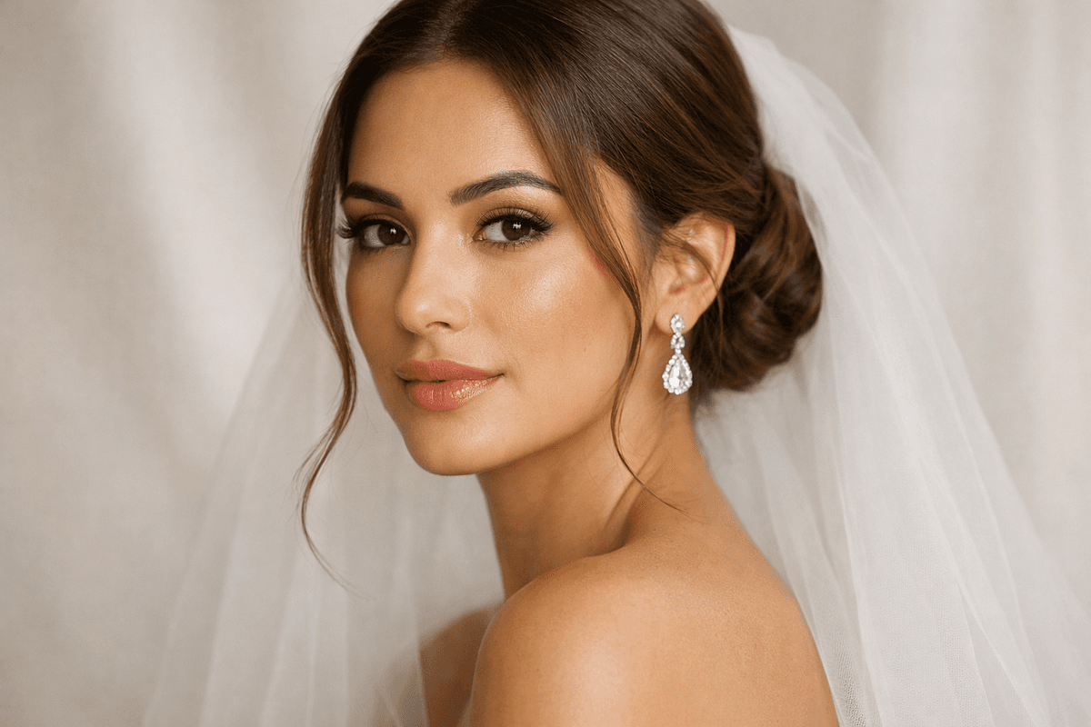 Coque baixo clássico de casamento em noiva com cabelo longo e rosto oval