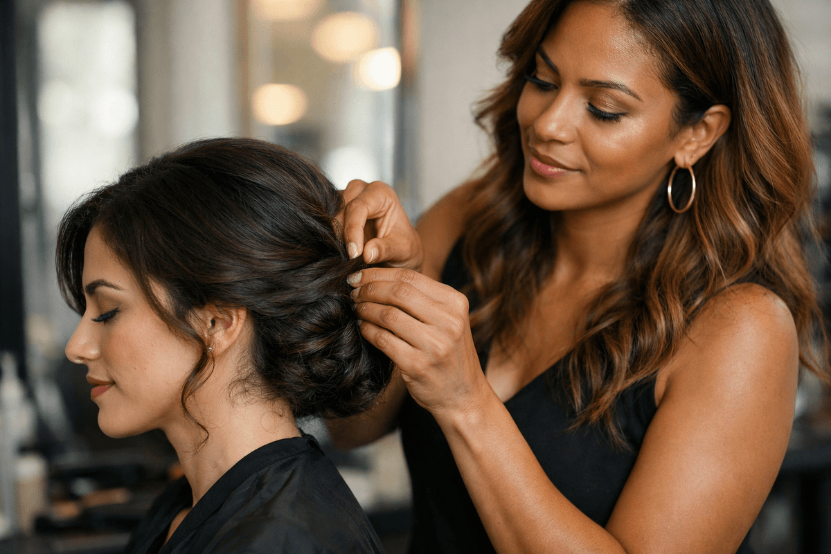 Demonstração de técnica de cabelo apanhado lateral com grampos invisíveis