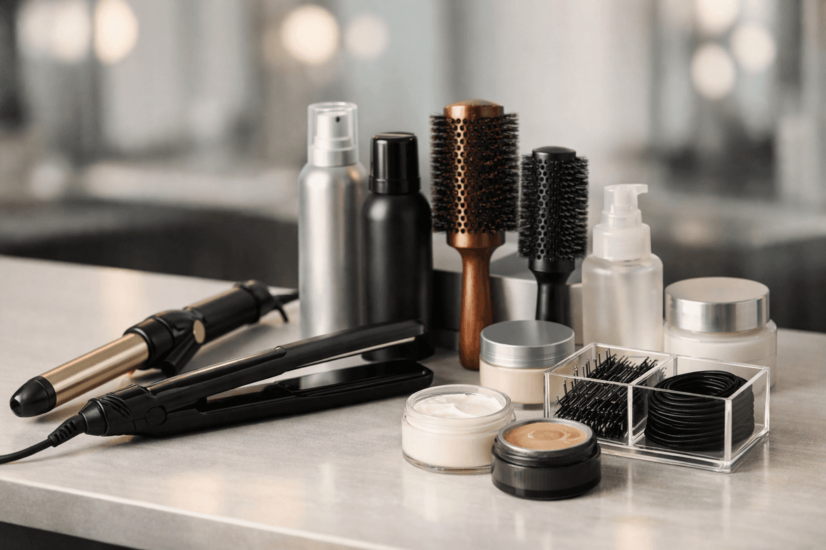 Coleção de produtos e ferramentas essenciais para penteados em bancada de salão