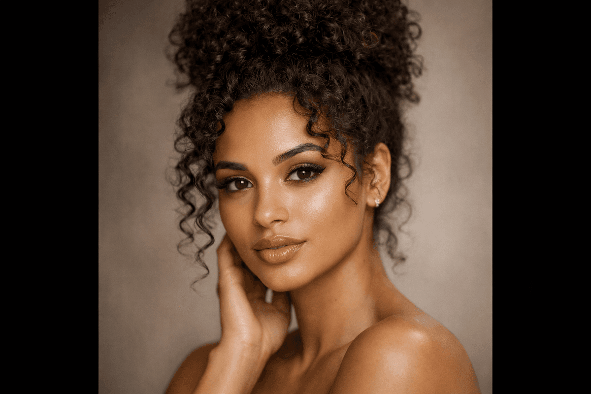 Mulher com cabelo cacheado tipo 3B em penteado coque alto volumoso
