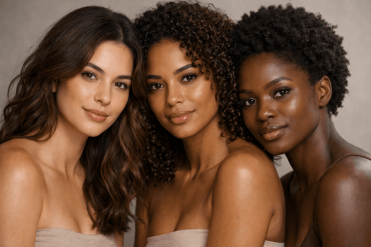 Comparação visual de três mulheres com cachos tipo 2A, 3B e 4C