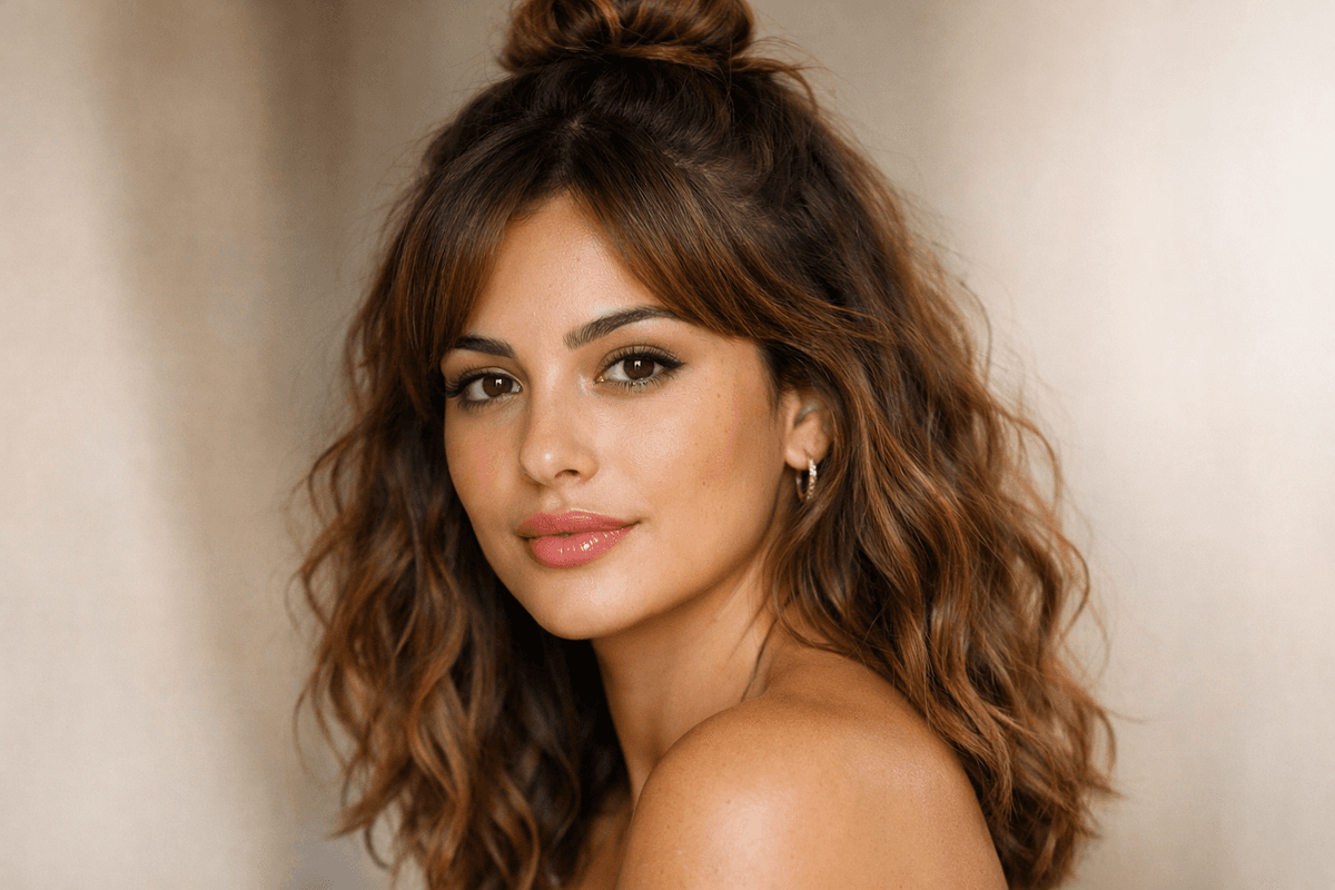 Half-up bun em mulher com cabelo ondulado tipo 2B castanho
