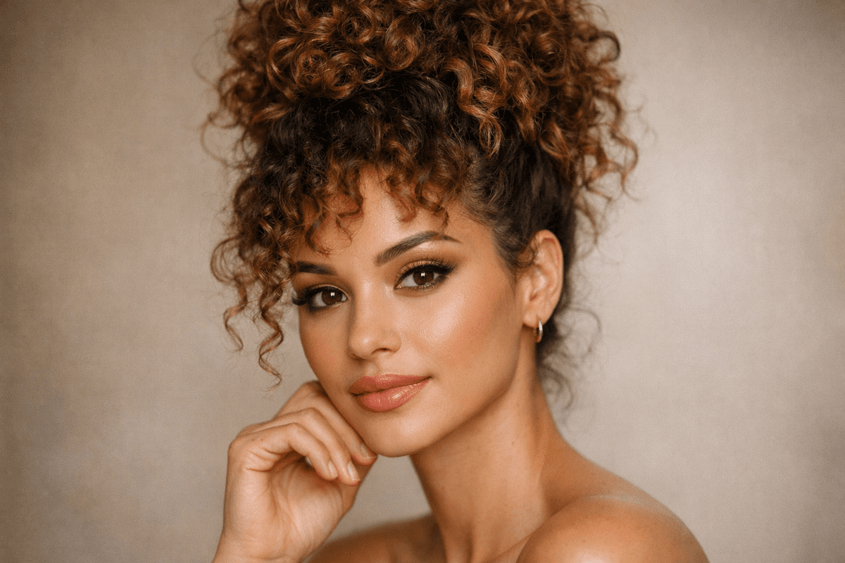 Penteado pineapple em mulher com cachos tipo 3A volumosos no topo