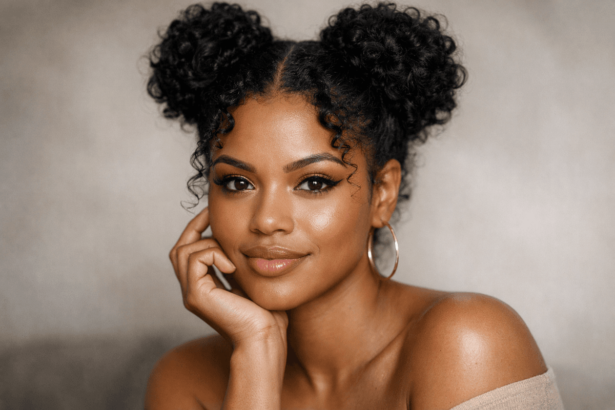 Dois coques altos (space buns) em mulher com cachos tipo 3C definidos