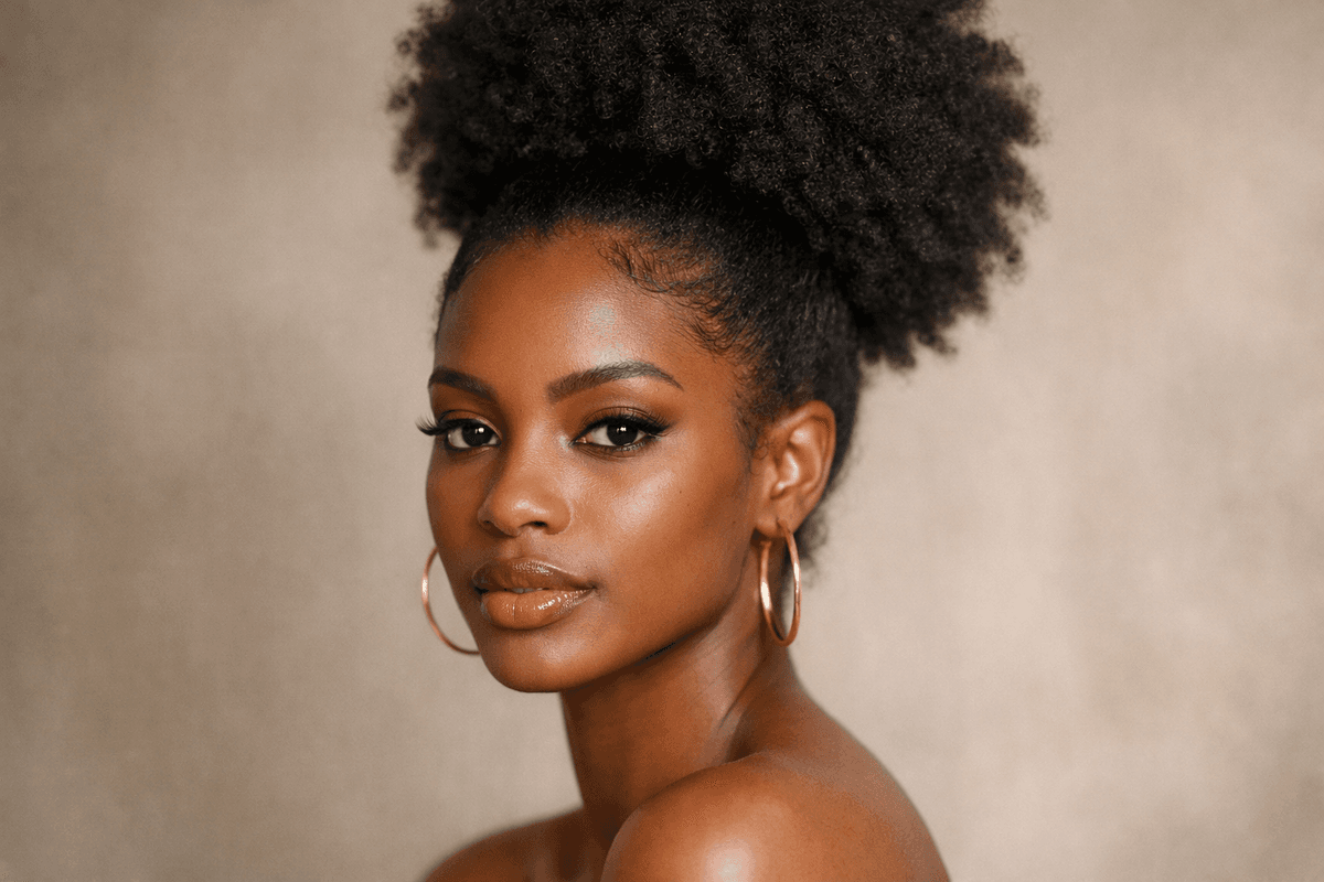 Afro puff alto em mulher com cabelo crespo tipo 4B volumoso