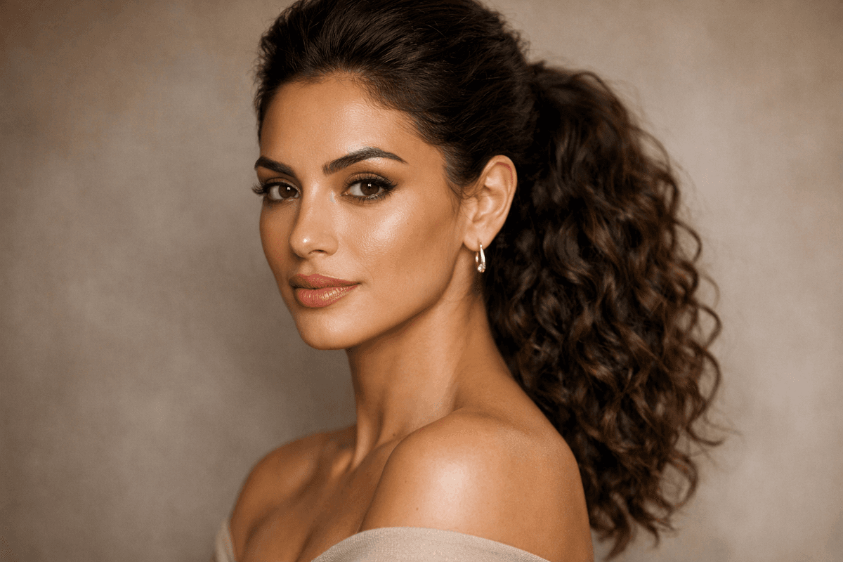 Mulher com cabelo cacheado longo em rabo de cavalo baixo texturizado