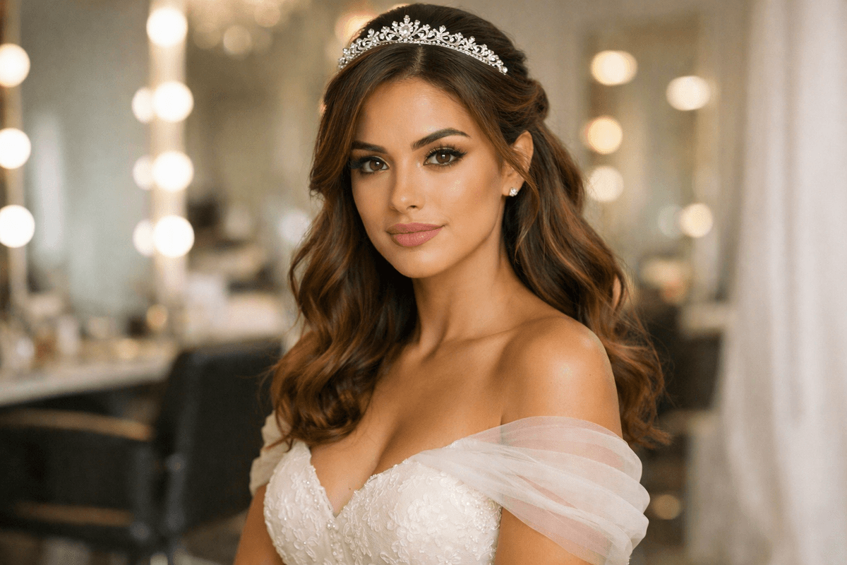 Noiva com semi-apanhado e ondas em cabelo médio castanho, tiara delicada