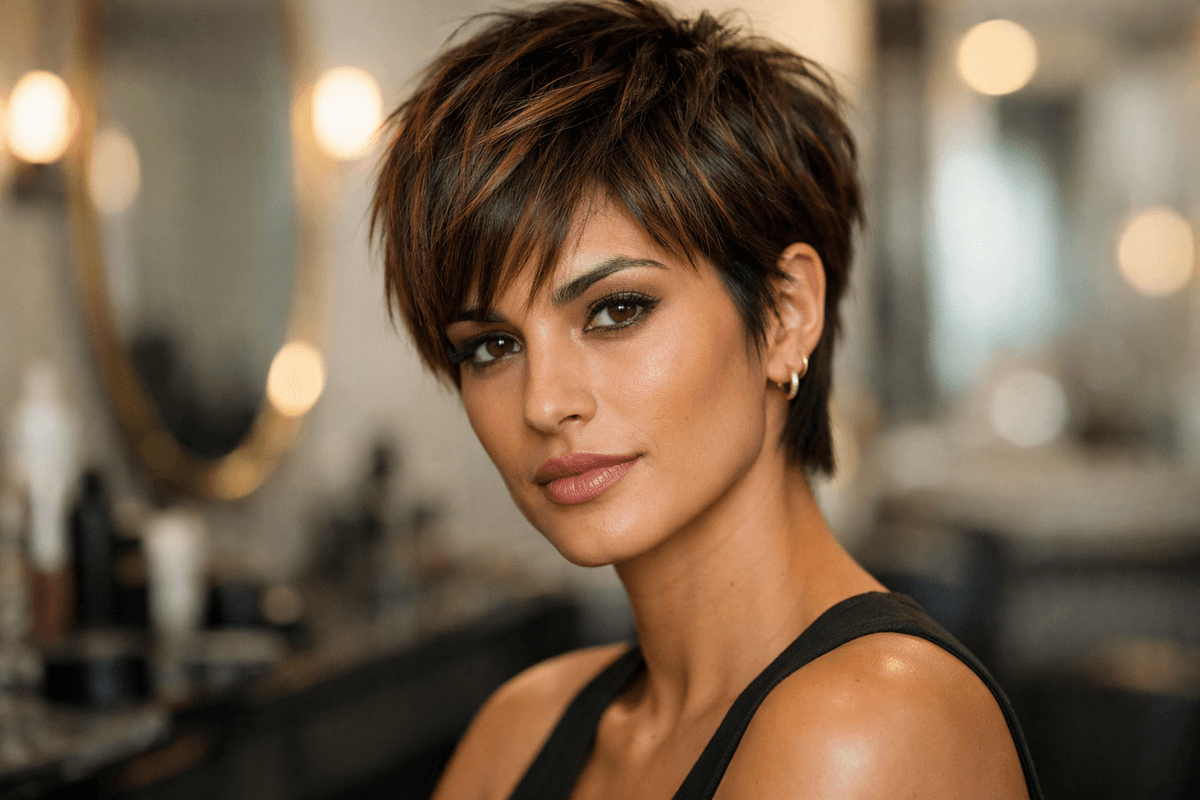 Mulher com pixie desfiado e texturizado em cabelo castanho com mechas claras