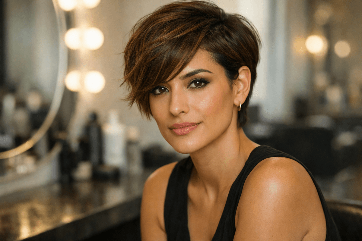 Mulher com rosto retangular e pixie longo com franja lateral suave