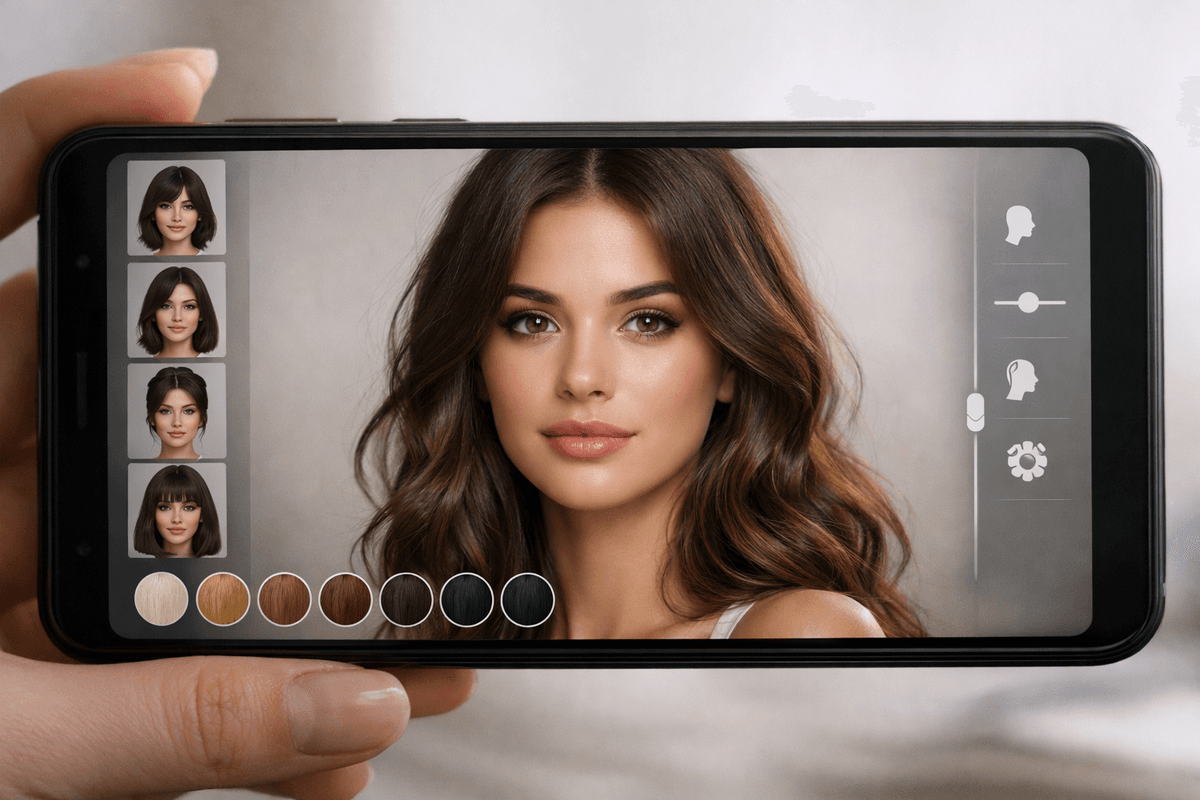 Tela de celular mostrando interface de simulação de corte com foto de mulher