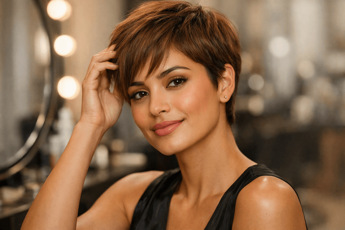 Mulher recém-cortada com pixie desfiado tocando o cabelo com satisfação