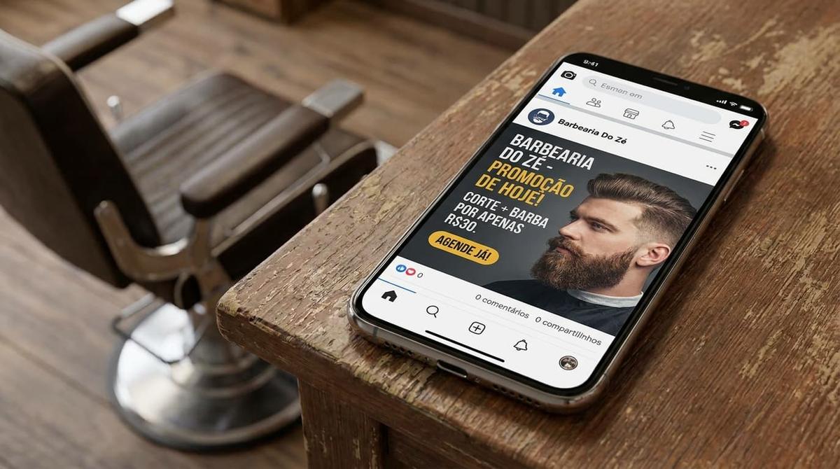 Smartphone exibindo anúncio da Barbearia do Zé com promoção de corte e barba por R$30 sobre bancada de madeira.