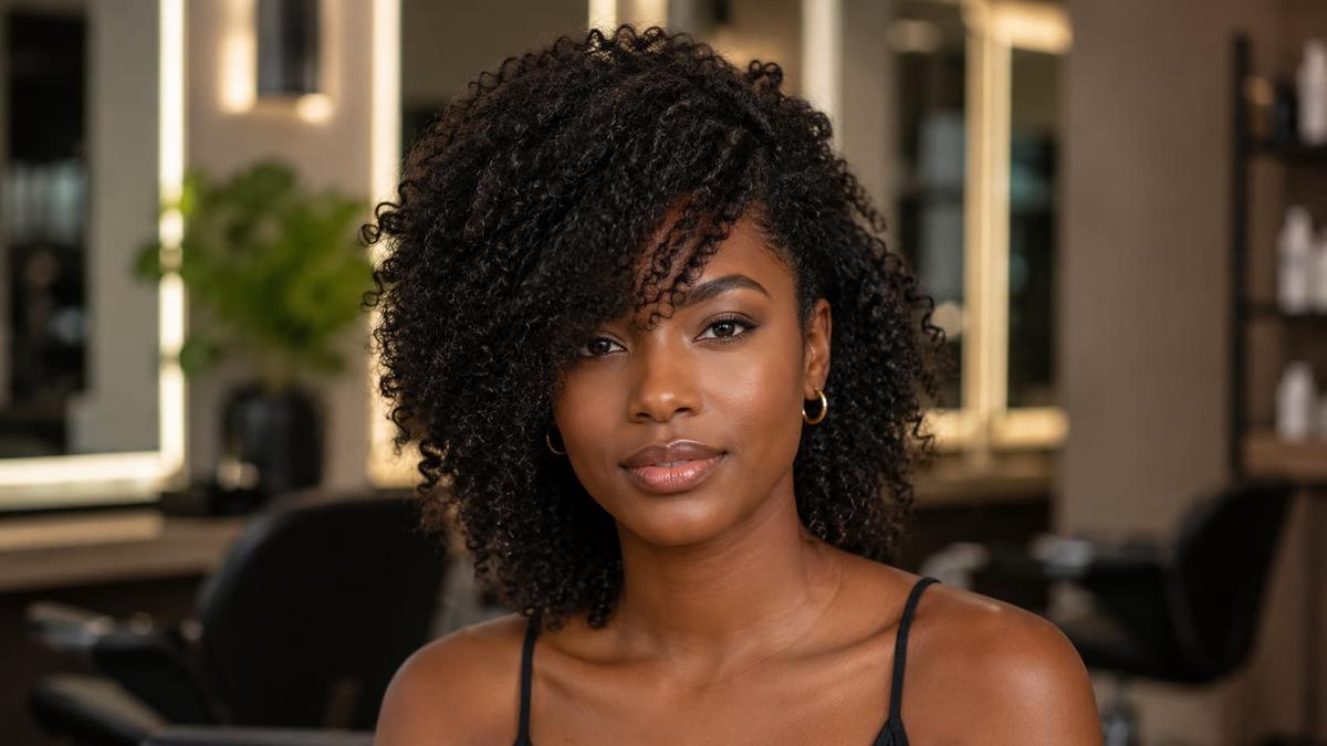 Mulher com cabelo cacheado e rosto quadrado com franja lateral longa.