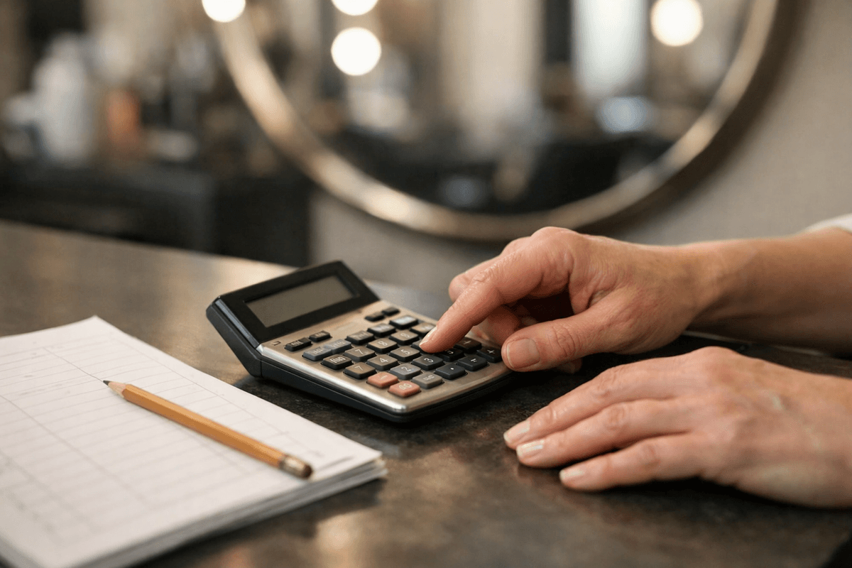 Profissional conferindo custos e taxas com calculadora para definir o preço da consulta