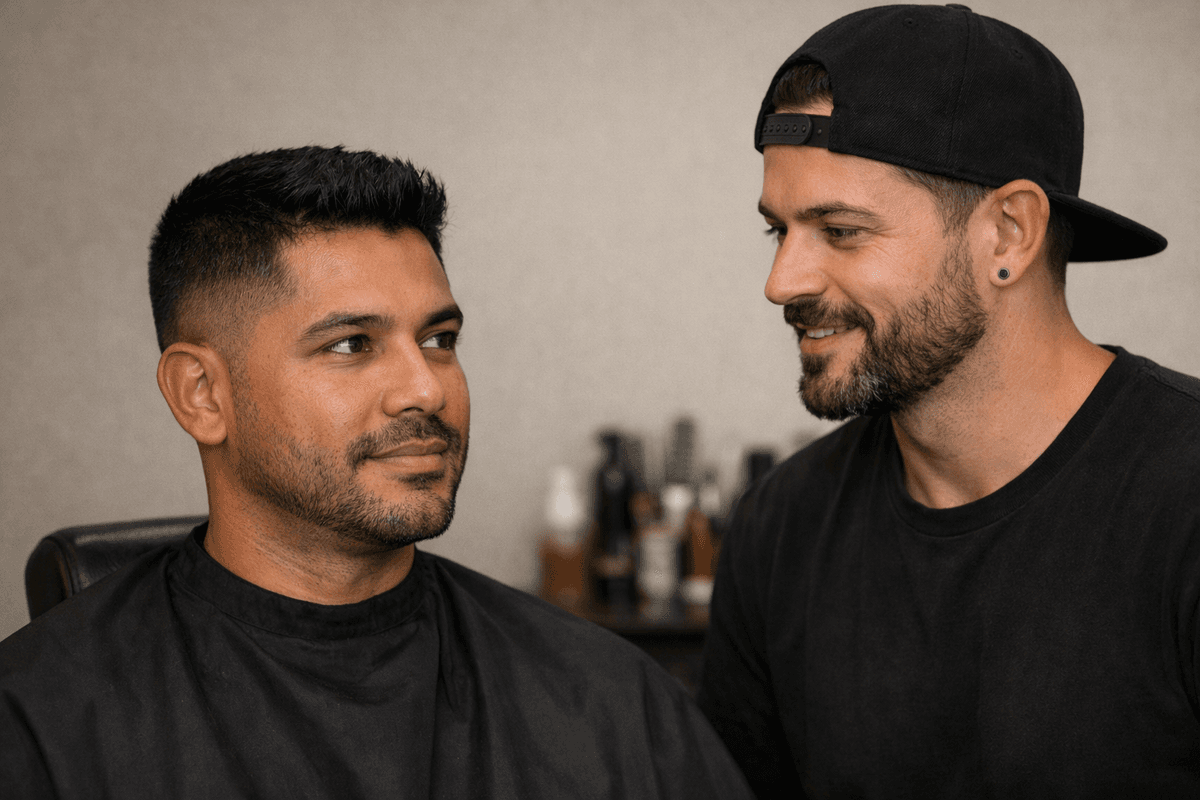 Cliente com corte curto conversando com barbeiro durante uma visita de manutenção