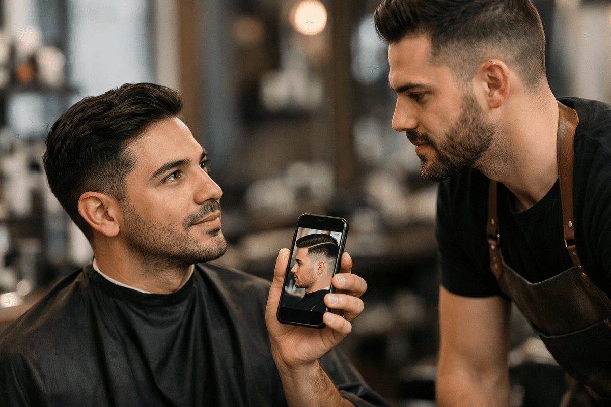 Cliente mostrando foto de referência de risco no celular para barbeiro antes do corte