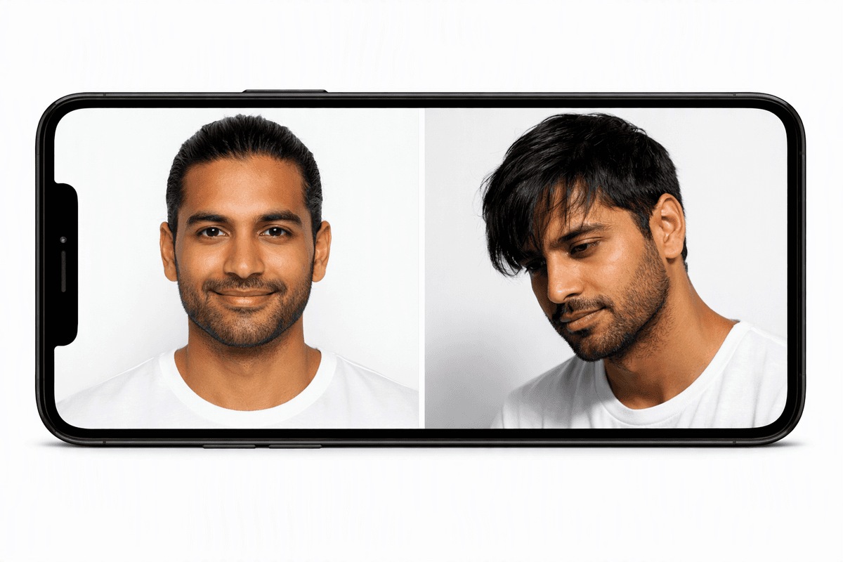 Demonstração de foto correta e incorreta para análise facial masculina