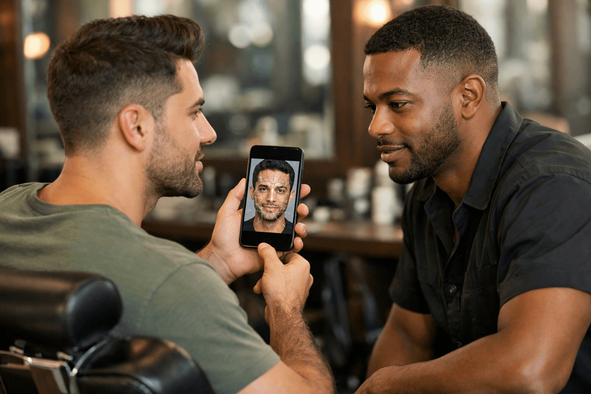 Cliente mostrando análise de formato de rosto em celular para barbeiro profissional