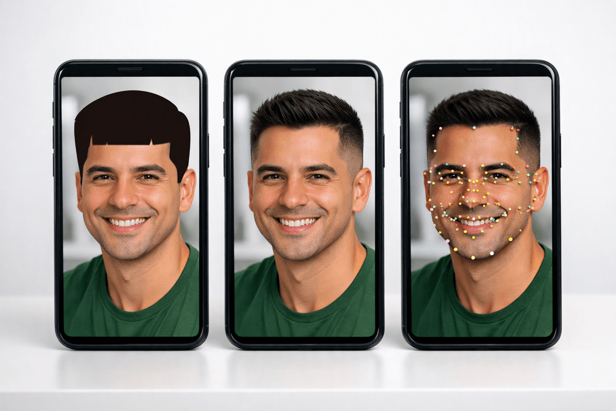 Comparação visual dos três métodos de simulação de corte masculino lado a lado