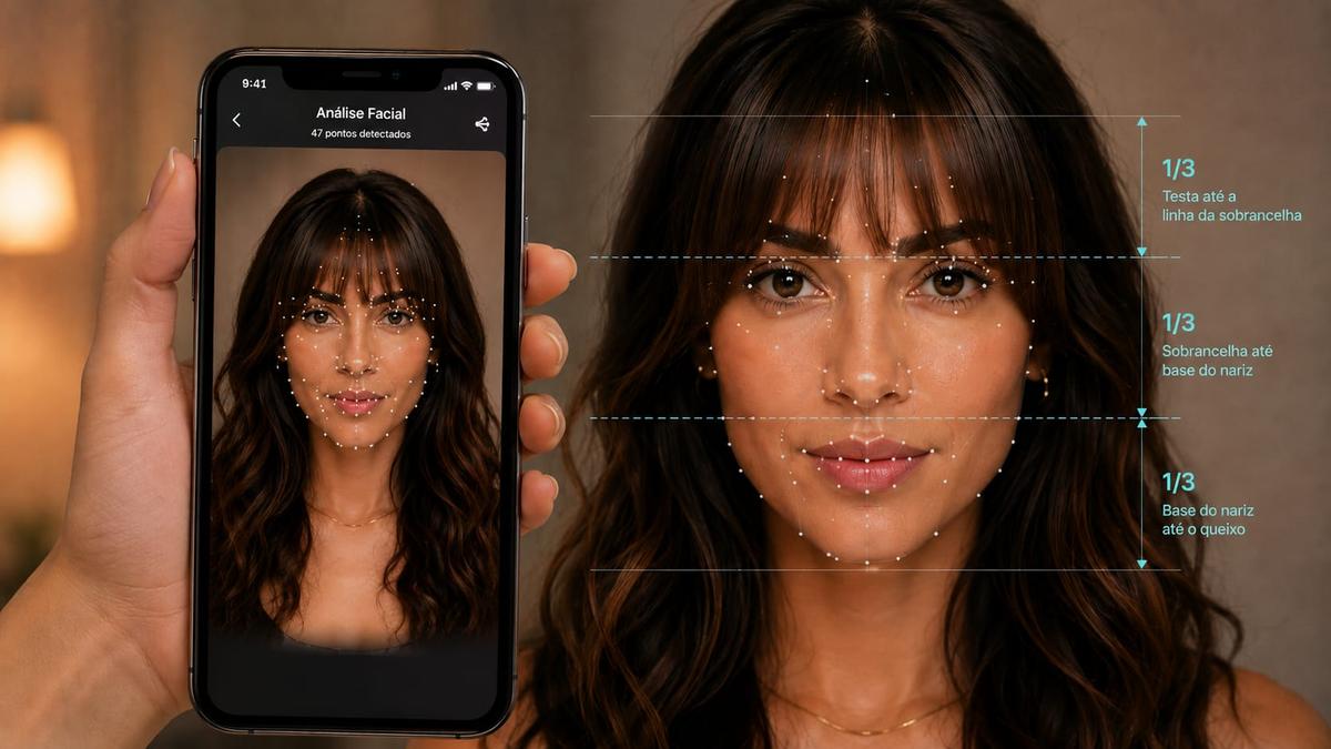 Tela de celular mostrando análise facial de uma mulher dividida em três partes para simular franja falsa.