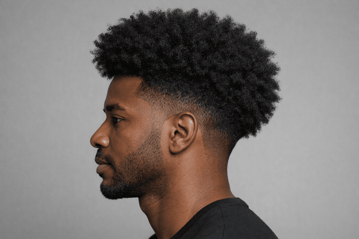 Taper nas costeletas e na nuca em cabelo crespo com volume no topo
