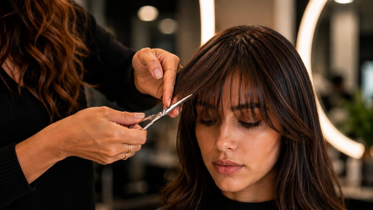 Cabeleireira realiza a técnica point cut com tesoura para criar um efeito de franja desfiada