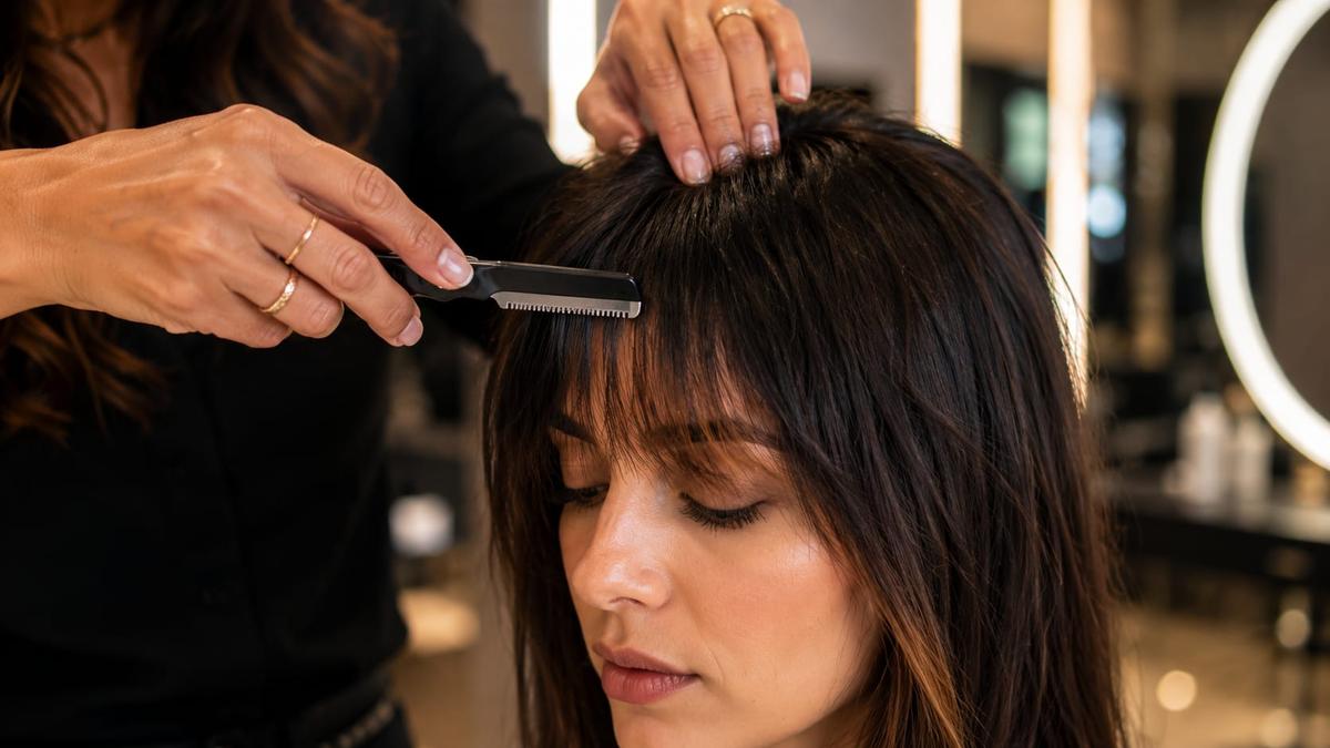Cabeleireira utiliza navalha no salão para fazer o corte de franja desfiada moderna