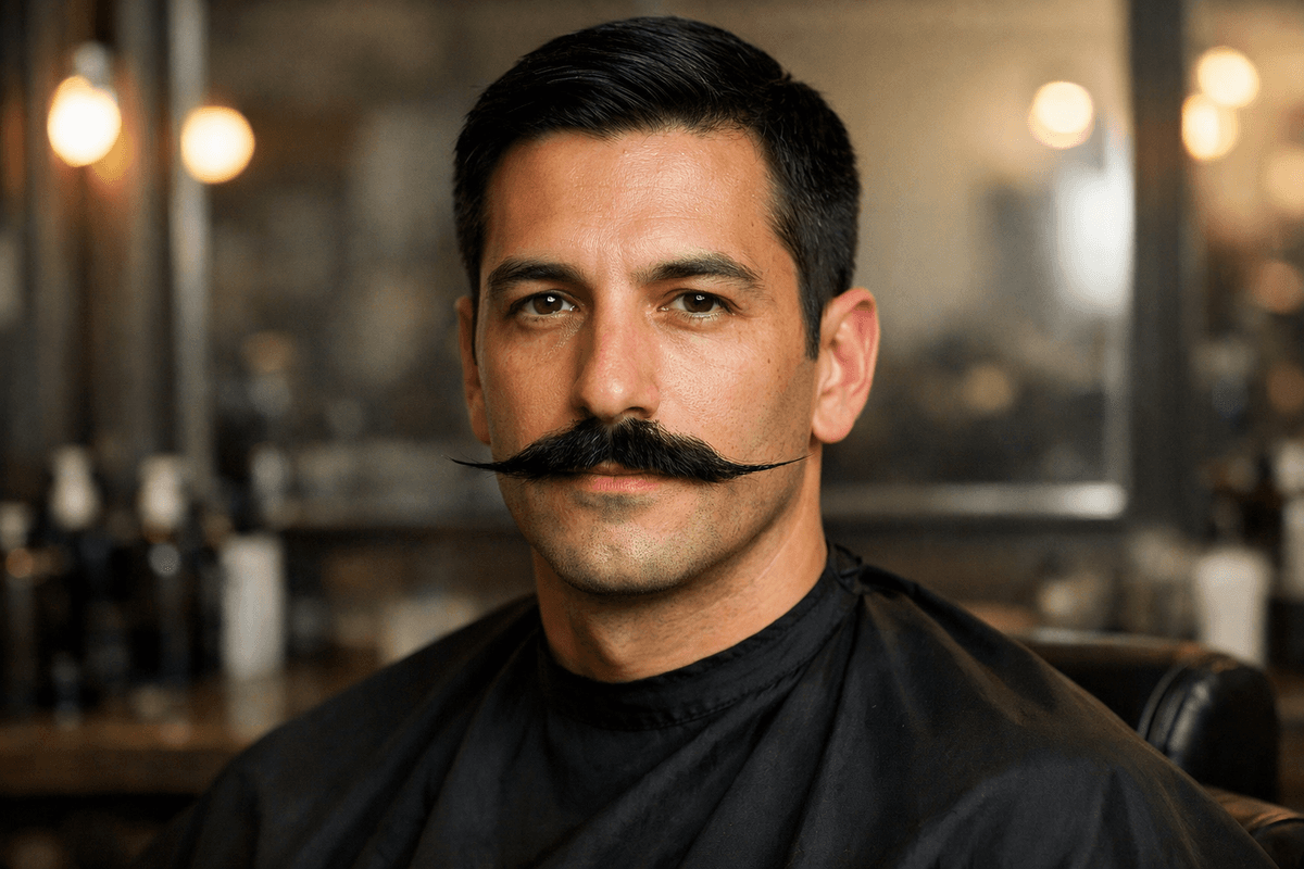 Bigode inglês com pontas estreitas estendidas lateralmente em homem com rosto retangular