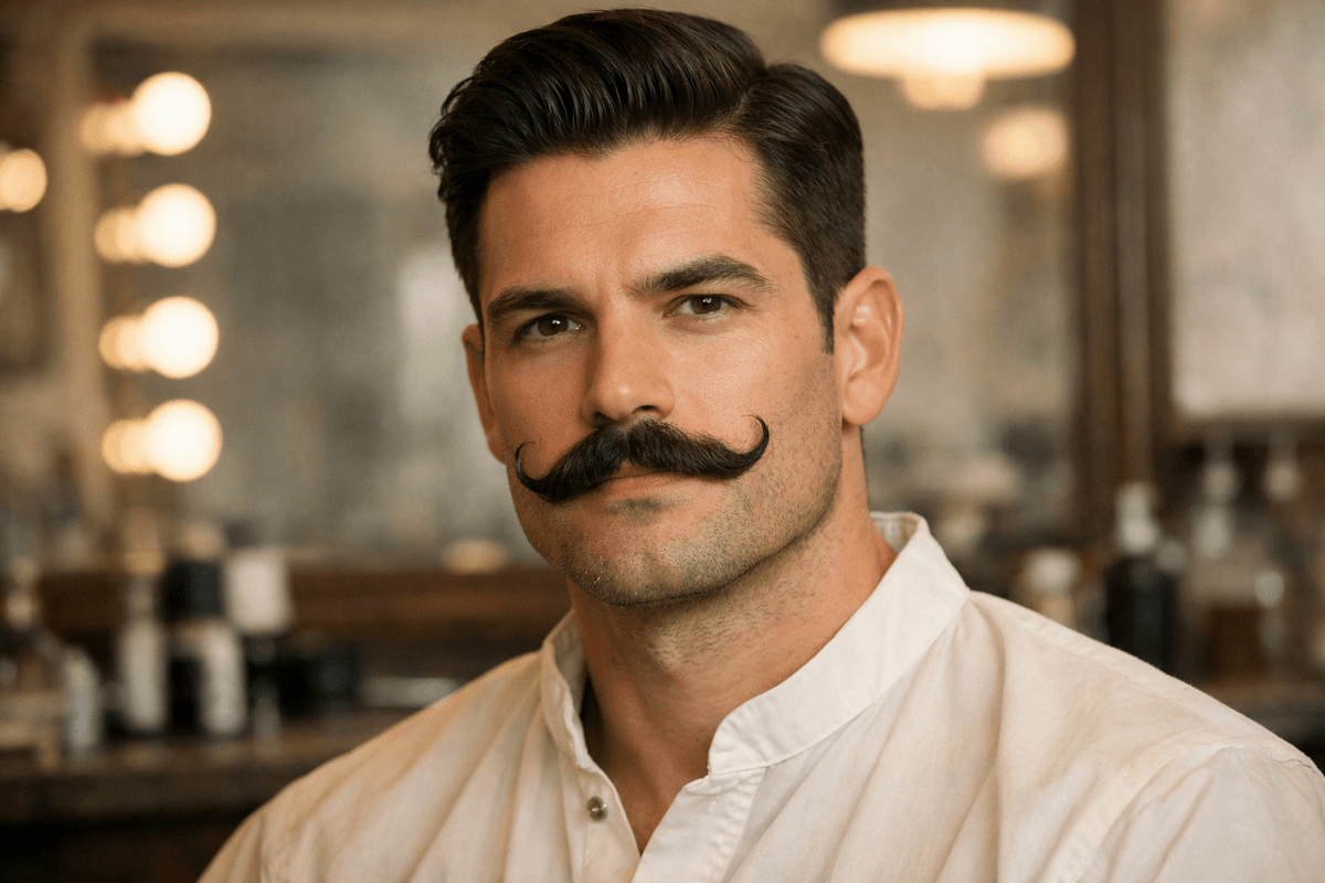 Bigode handlebar com pontas curvadas para cima em homem com mandíbula definida