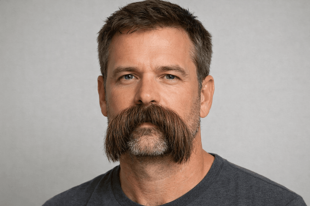 Bigode morsa volumoso com fios caindo sobre o lábio superior