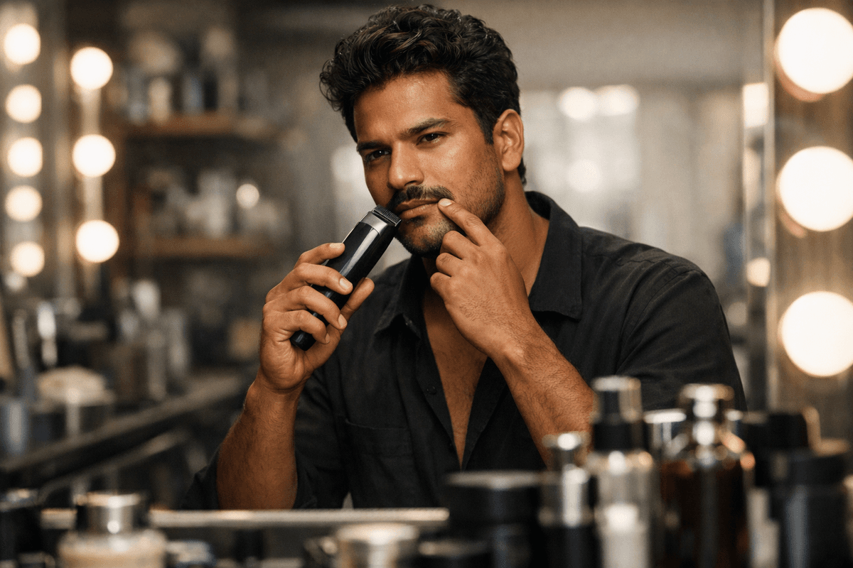 Homem analisando diferentes opções de bigode em espelho de barbearia