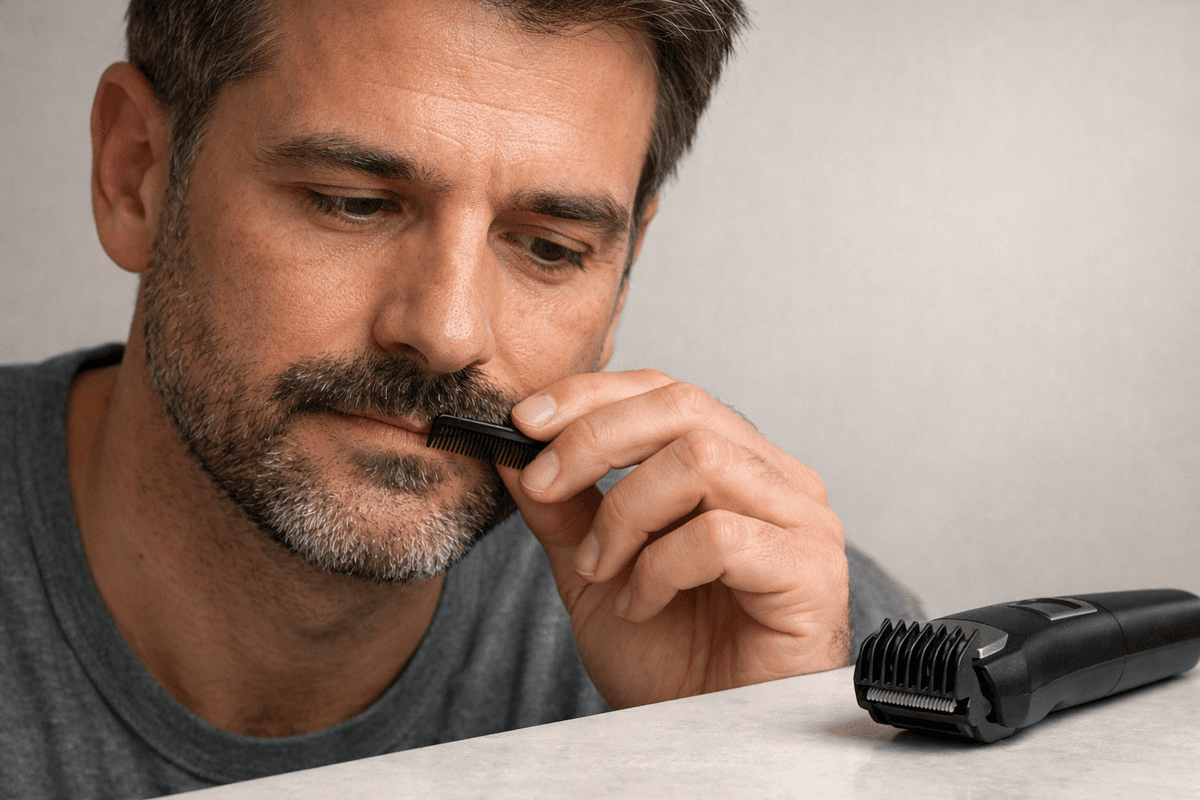 Pente e aparador usados para observar o comprimento do bigode