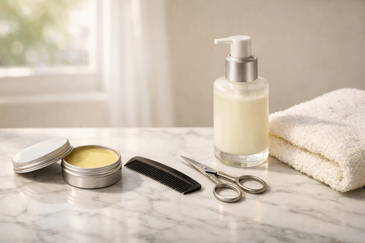 Produtos de cuidado para bigode organizados em balcão de banheiro