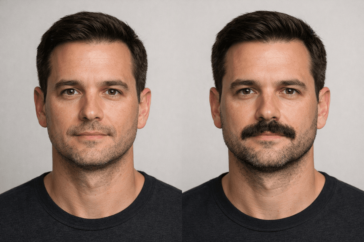 Comparação ilustrativa de bigodes com aparência mais leve e mais cheia