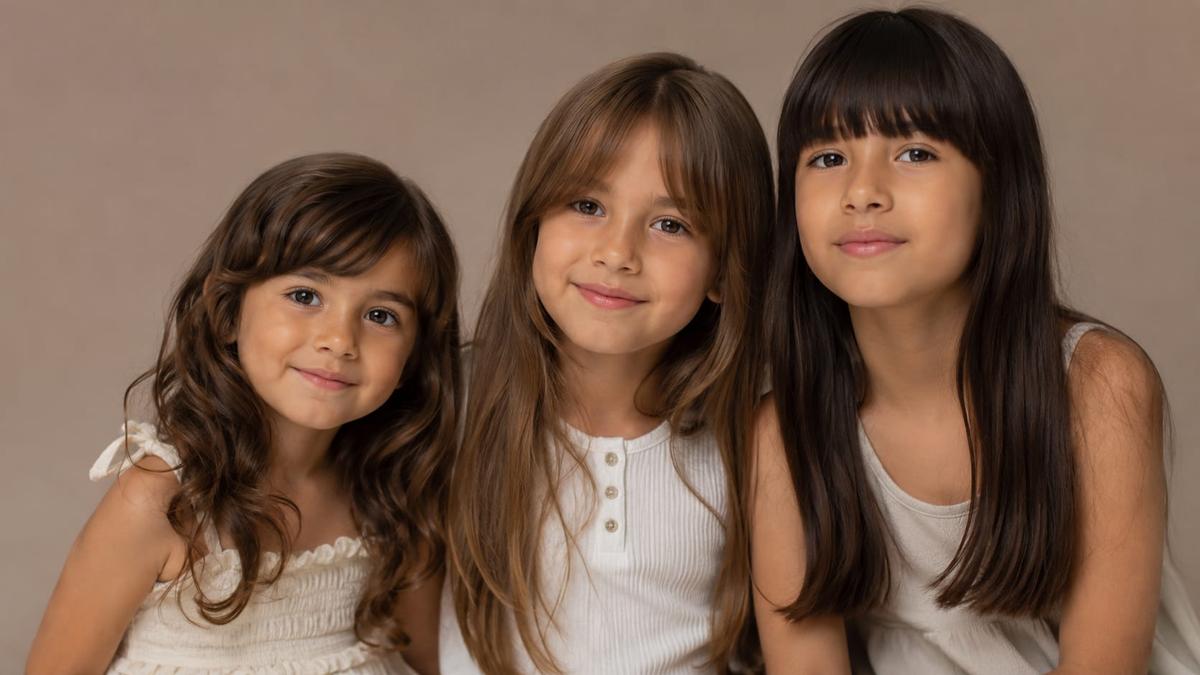 Três garotas posam juntas mostrando variações de cortes de franja infantil. Elas usam roupas brancas em um cenário minimalista com iluminação suave de estúdio.
