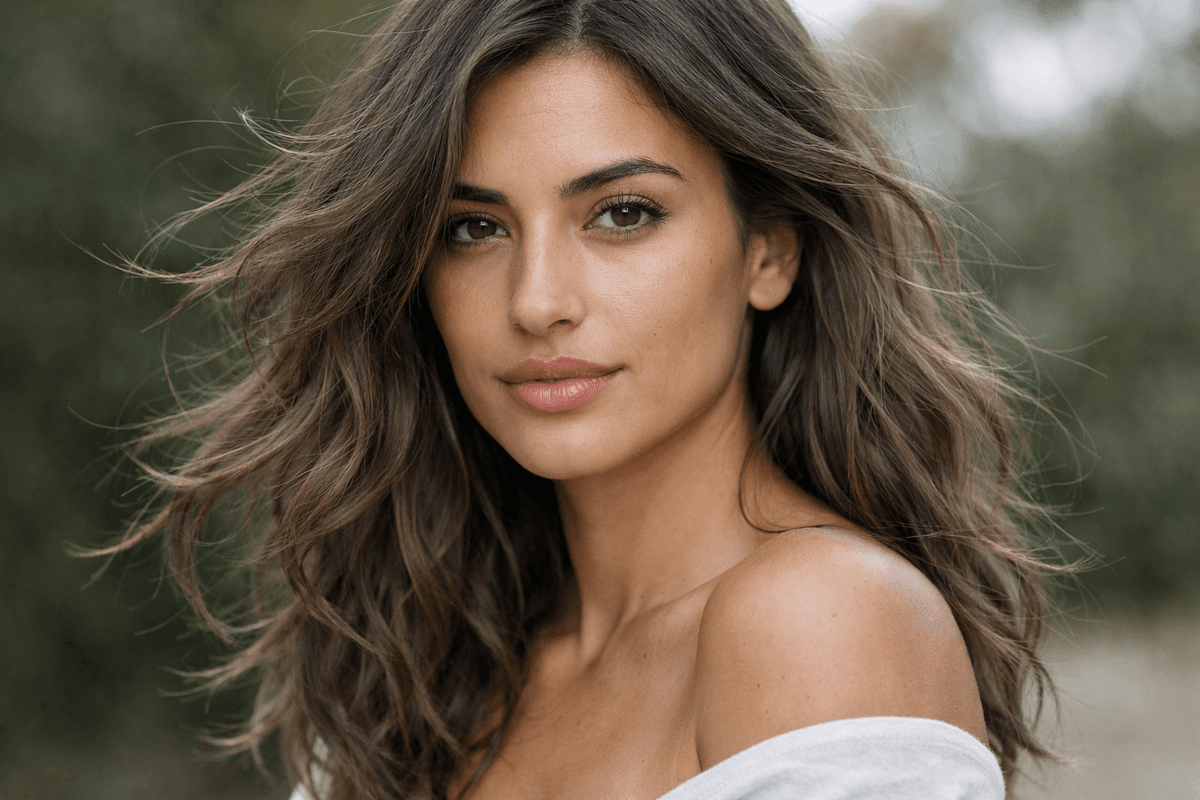 Cabelo castanho médio neutro em mulher com ondas naturais