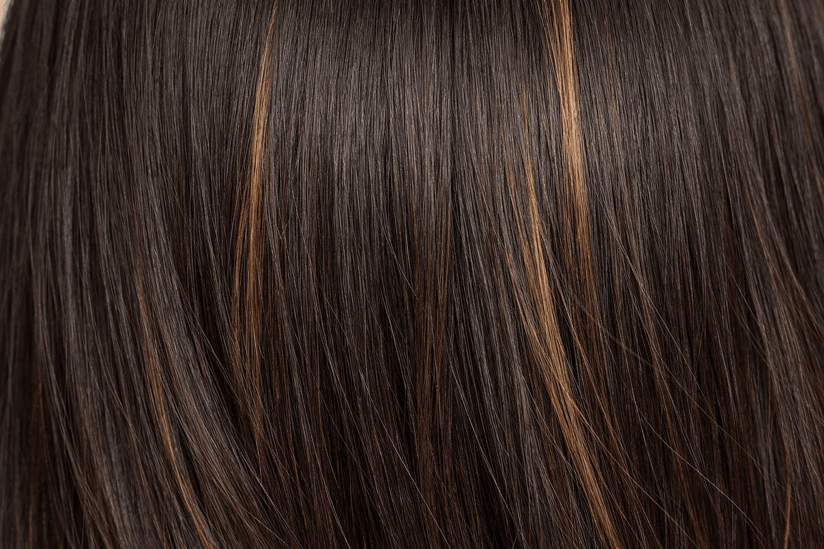 Detalhe de cabelo castanho com mechas caramelo finas sobre a base escura