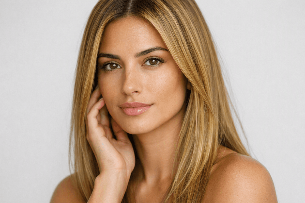 Loiro mel com reflexo amarelo-dourado em cabelo liso sob luz neutra