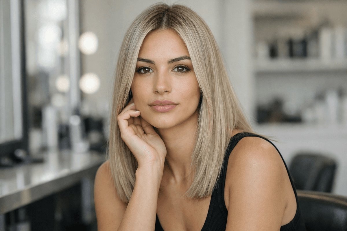 Loiro bege com reflexo neutro e claridade suave em cabelo liso