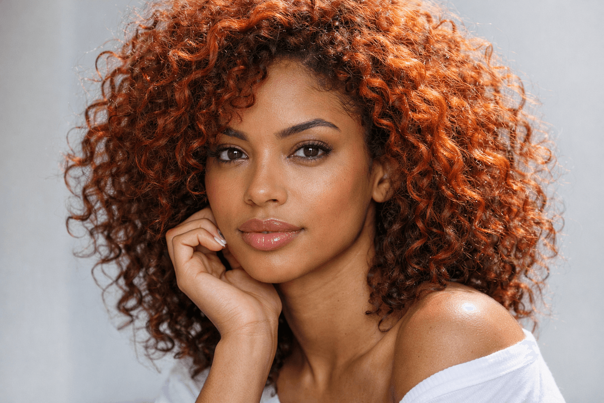 Cabelo ruivo acobreado intenso em mulher com cachos volumosos refletindo luz dourada