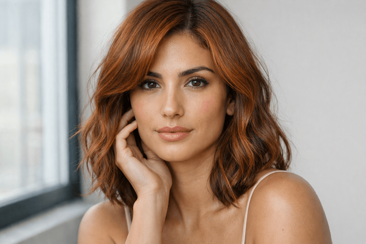 Cabelo cobre suave em mulher com ondas soltas refletindo luz natural neutra