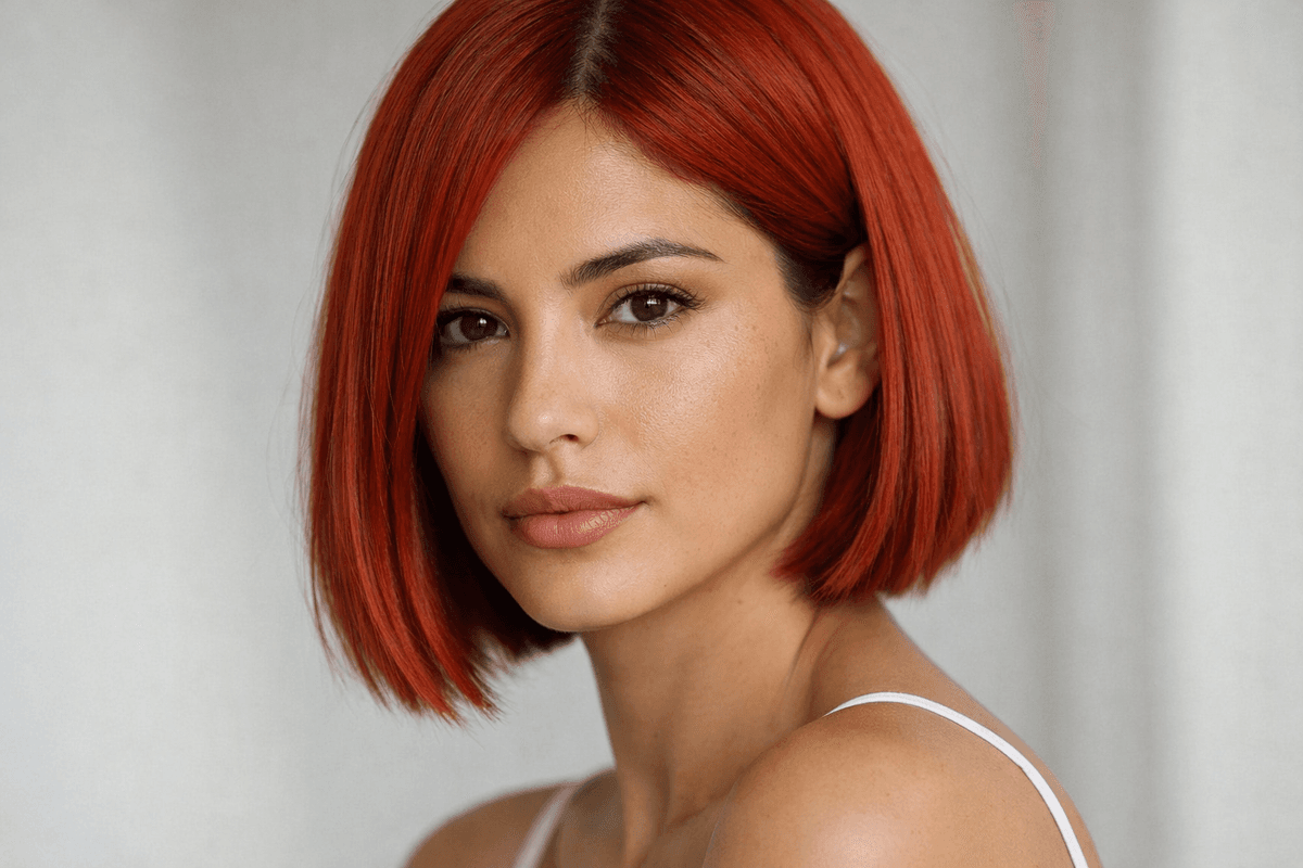 Cabelo ruivo avermelhado vibrante em mulher com corte bob reto sob luz natural