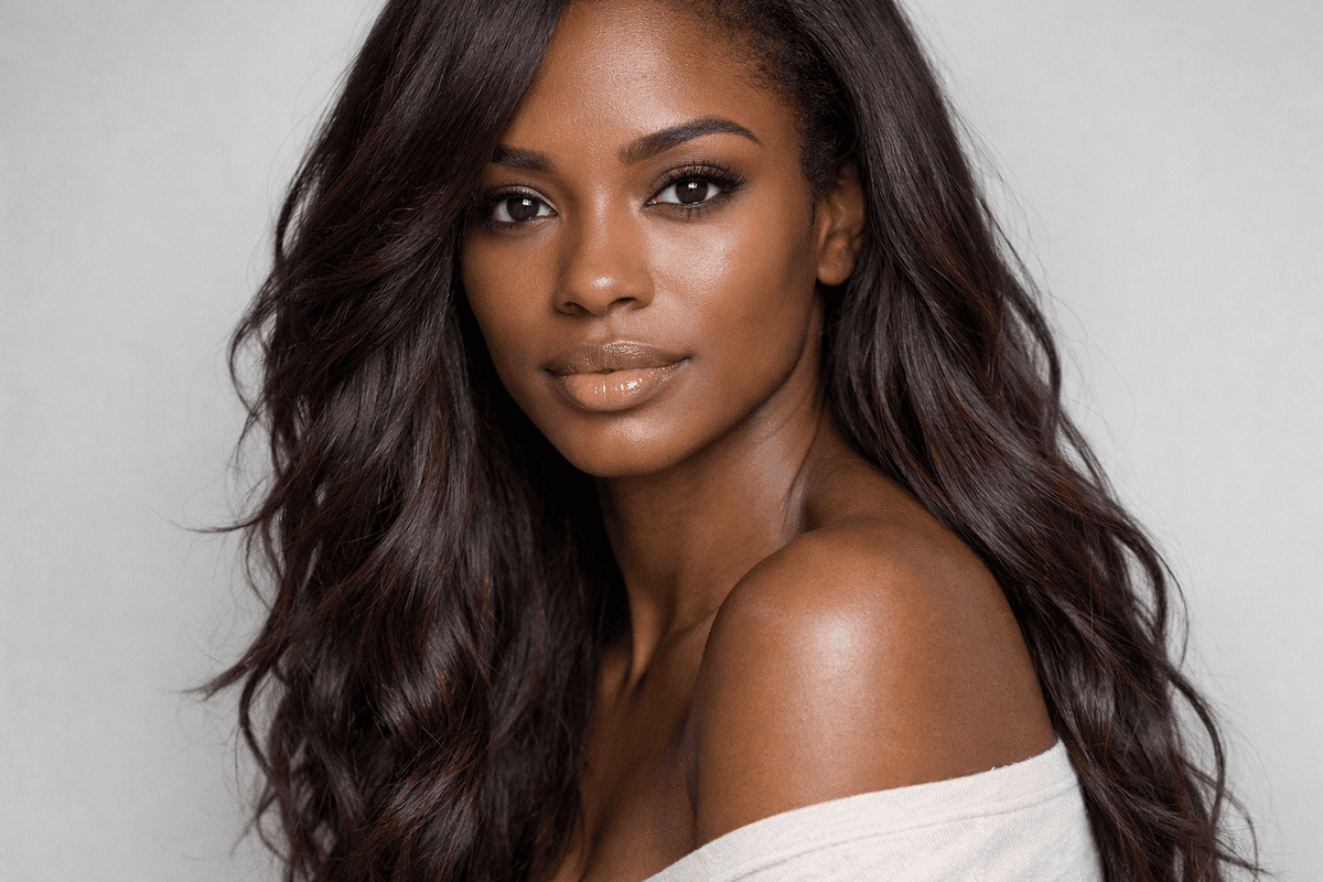 Cabelo acaju profundo em mulher com ondas largas sob iluminação indireta suave
