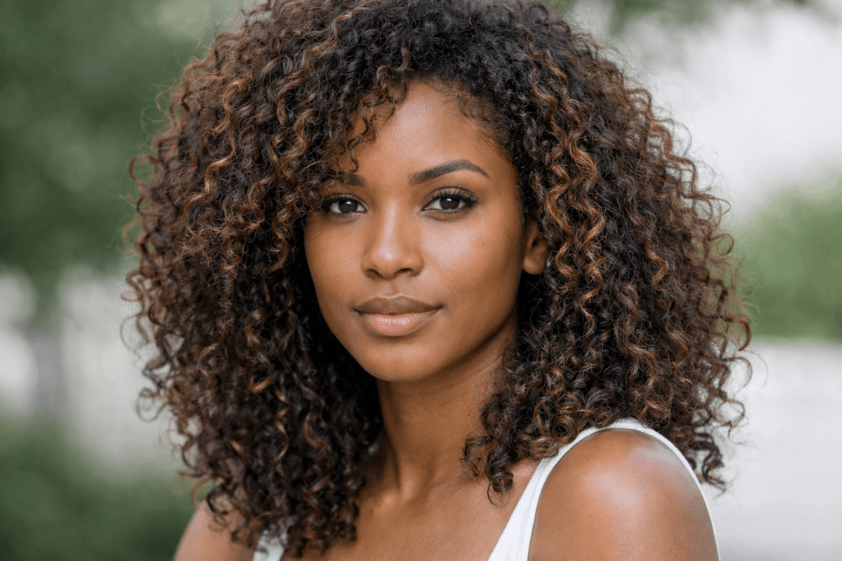 Cabelo castanho quente com reflexos caramelo chamado doce de leite em mulher com cachos