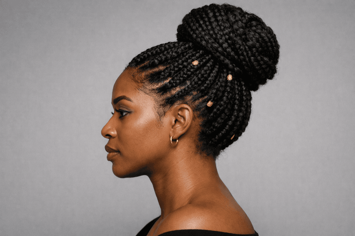 Box braids grossas presas em coque alto para festa