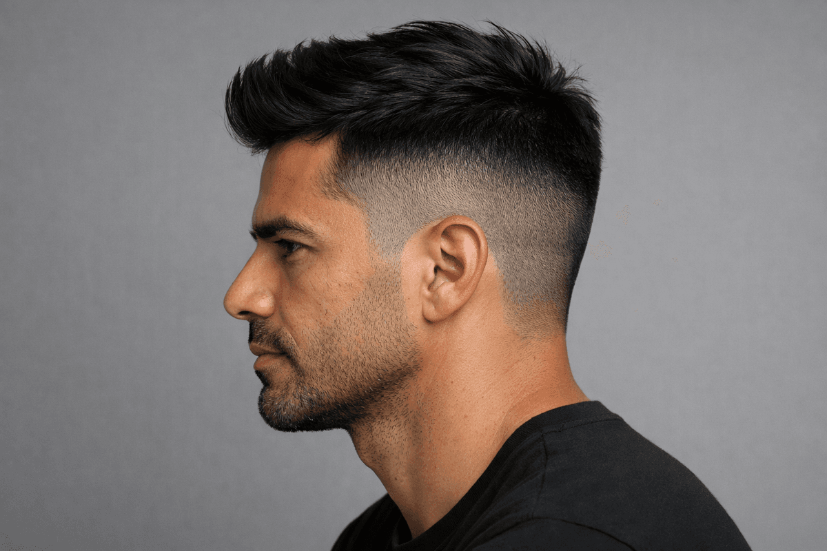 Undercut de perfil com degradê na lateral e topo desconectado