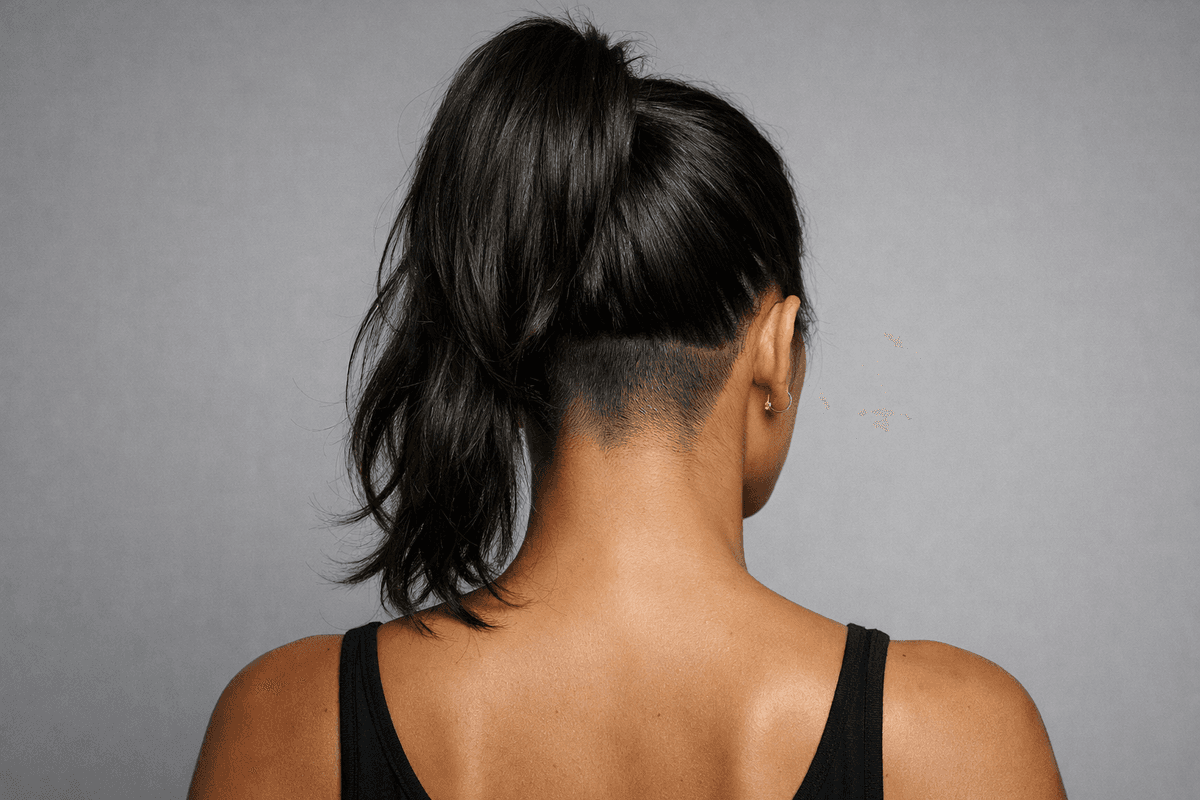 Undercut feminino com nuca raspada sob cabelo longo