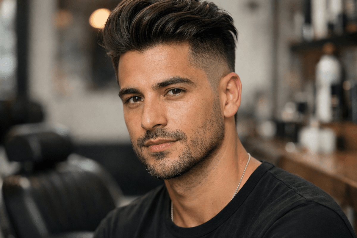 Undercut moderno com topo longo em homem brasileiro com rosto oval